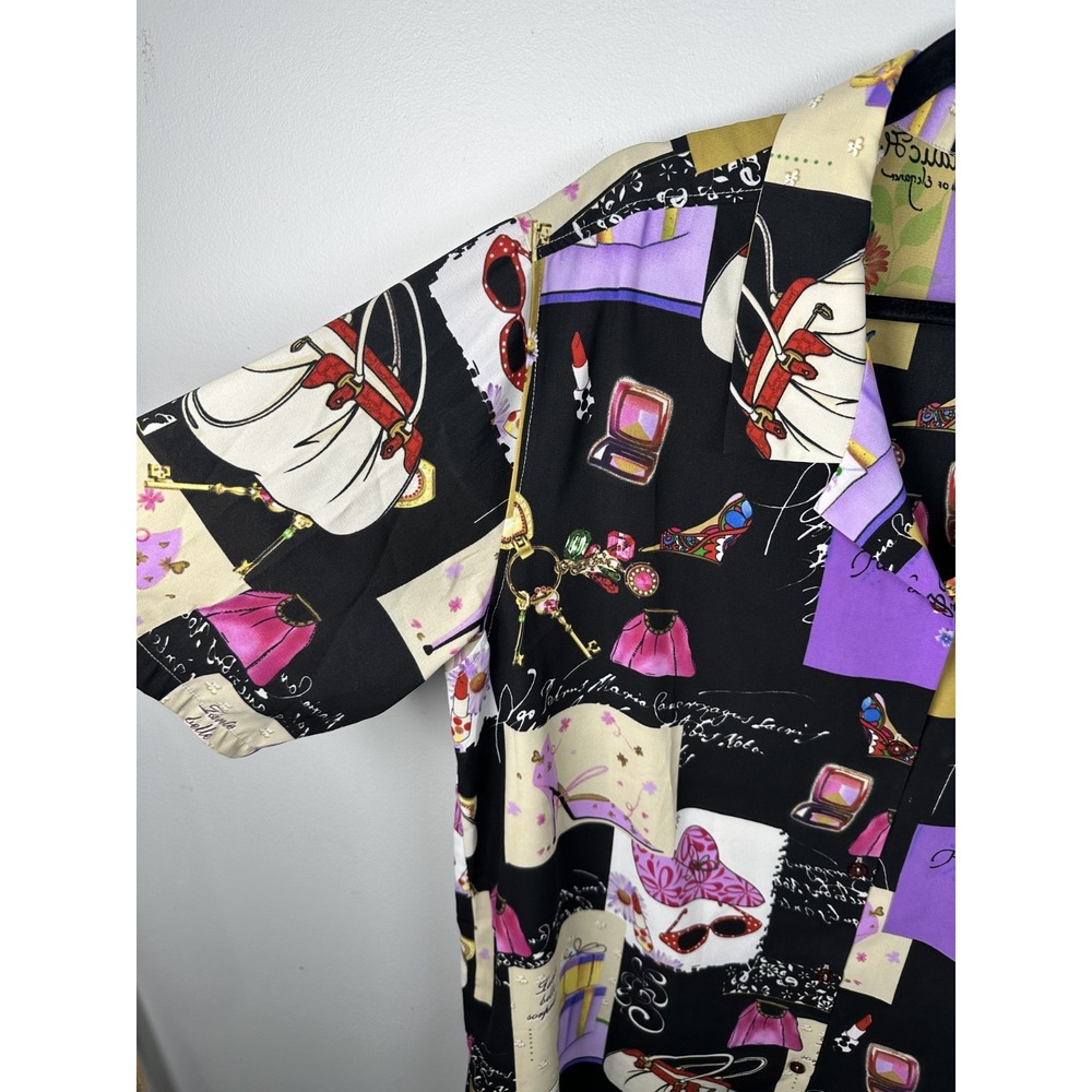 Susan Graver XL Womens Top Button Short Sleeve Girly Makeup Patch Design Colors - Picture 8 of 13
